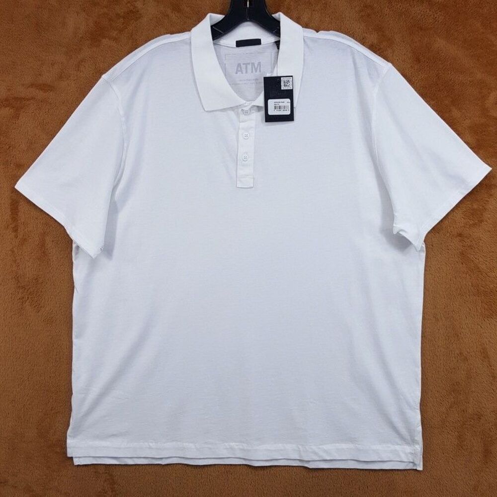 ATM Polo Shirt Mens XXL Solid White Short Sleeve 100% Cotton